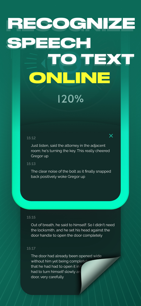 Sound Amplifier | Volume Boost - Interfaccia di trascrizione da parlato a testo in tempo reale che visualizza testo con timestamp nell'app Sound Amplifier