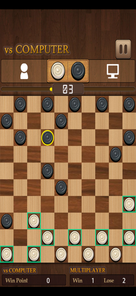 A match of King of Checkers in progress against an AI opponent on a wooden game board.