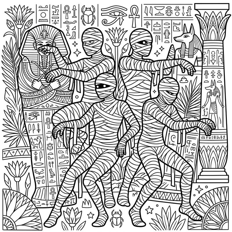 Step into the captivating world of ancient Egypt with this dynamic mummy coloring page, designed especially for teens. Immerse yourself in intricate details and bring these mysterious figures to life with your unique color palette.