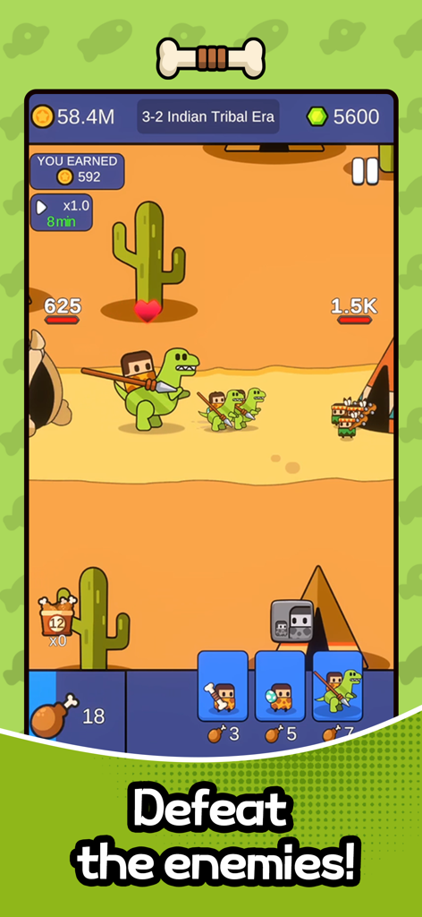 Time War : Origin - Gameplay screenshot of Time War Origin showing tribal warriors and dinosaur riders attacking enemies in a desert setting