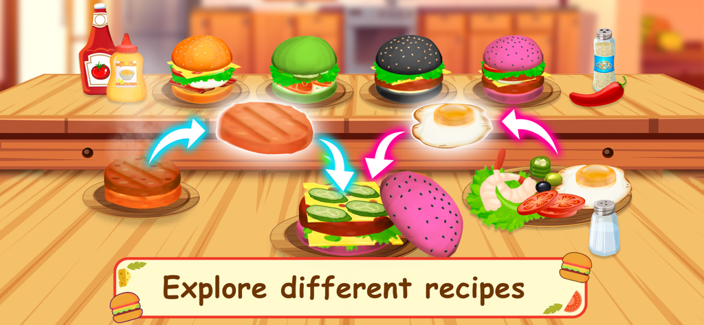 Burger Cafe – Cooking Games - 버거 카페에서 다양한 색상의 버거 레시피와 재료 조립을 보여주는 게임 플레이 화면