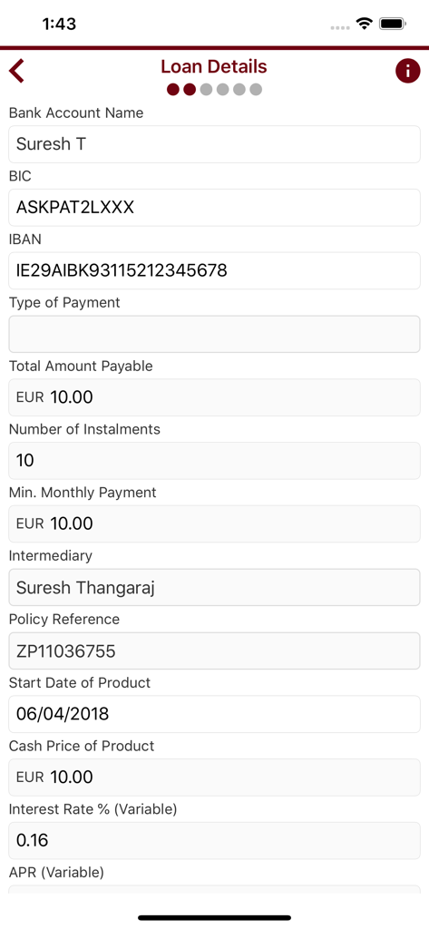 Premium Credit - eJourney - Screenshot of the Loan Details screen in the Premium Credit app showing bank account information and repayment terms.