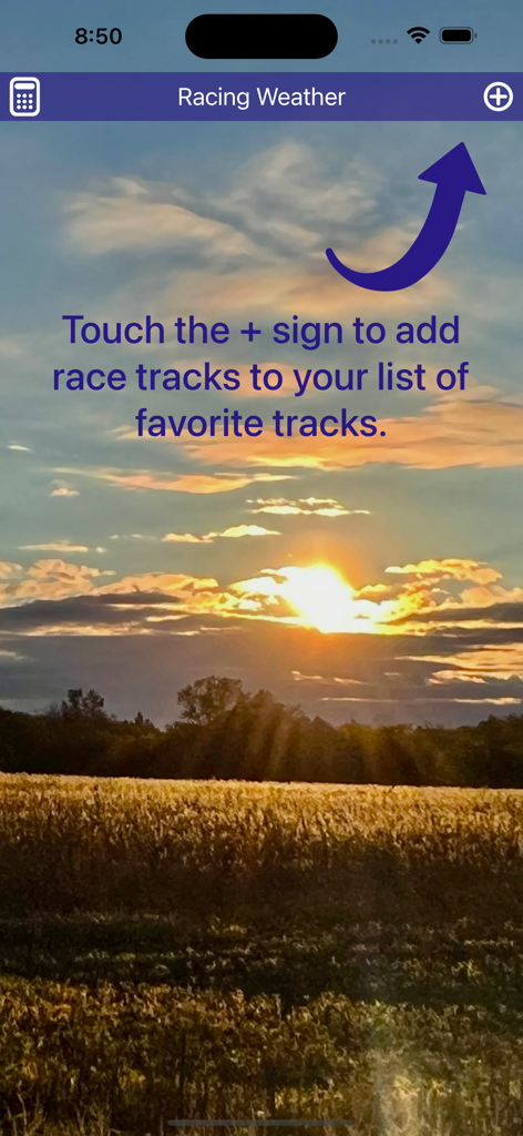 Racing Weather - Racing Weather app screen instructing users to add favorite race tracks using the plus icon.