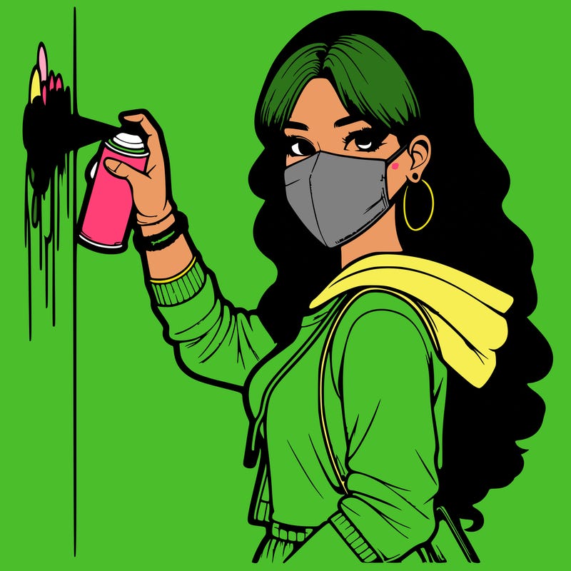 realistic girl with mask spray painting a wall