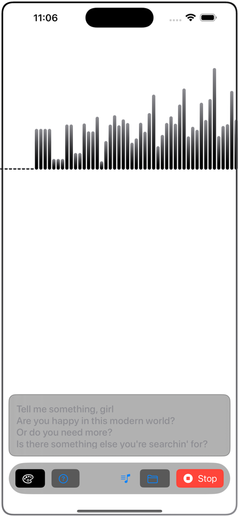 Live Audio & Music Visualizer - Interfaz de la aplicación móvil que muestra un visualizador de barras de audio en tiempo real y transcripción de voz a texto en vivo.