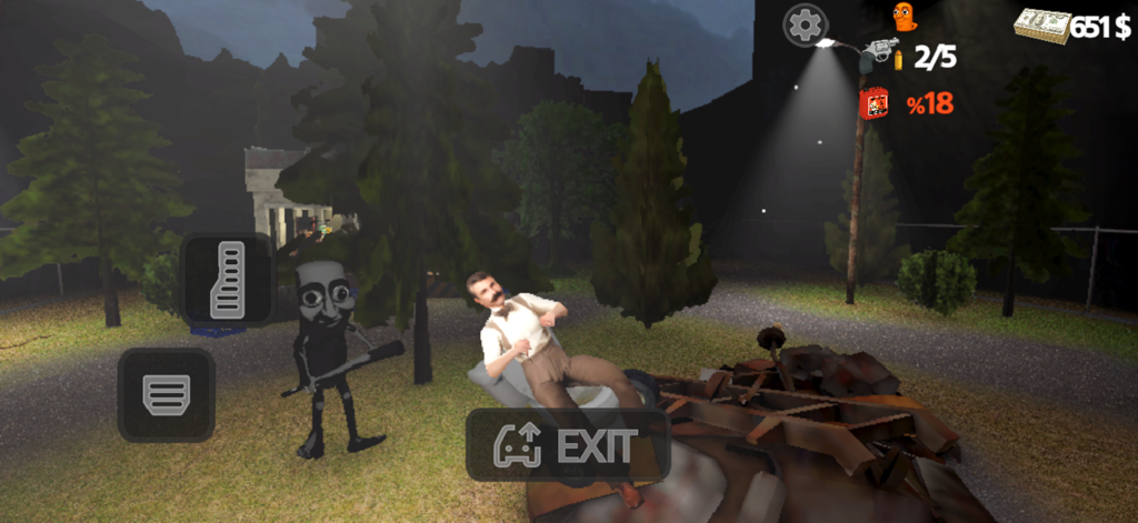 Tung Tung Sahur: The Game - Captura de pantalla de juego 3D de Tung Tung Sahur con un monstruo espeluznante y elementos de la interfaz del juego en un bosque oscuro