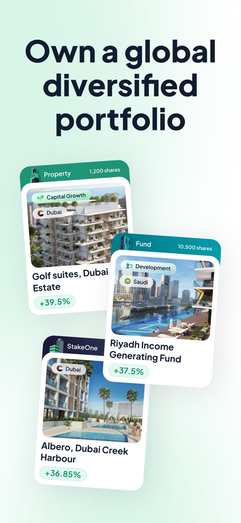 A mobile app screen showing a global real estate investment portfolio with property cards for Dubai and Saudi Arabia