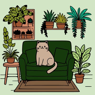 cat on a sofa in a room full of plants