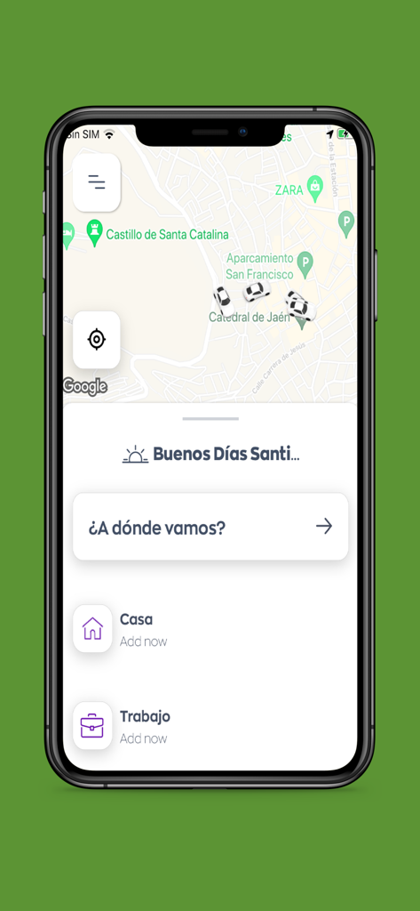 Radio Taxi Jaen - Pantalla principal de la aplicación Radio Taxi Jaen mostrando un mapa con ubicaciones de taxis y una barra de búsqueda para reservar un viaje.