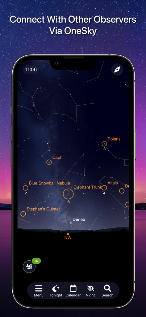 SkySafari - SkySafariアプリ。ポラリスやデネブなどの天体オブジェクトのリアルタイム観測者数を示すOneSky機能。