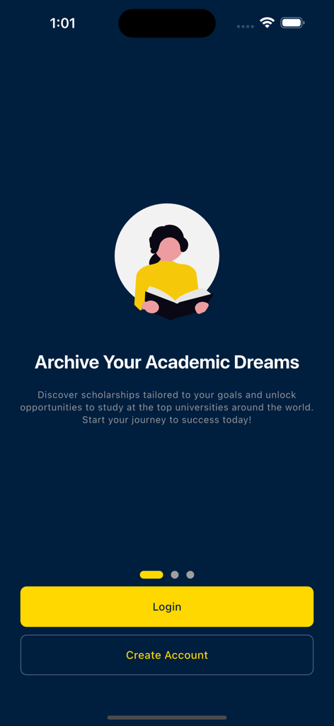 Let's GO - Onboarding screen of the Let's GO app focusing on academic dreams and scholarships.