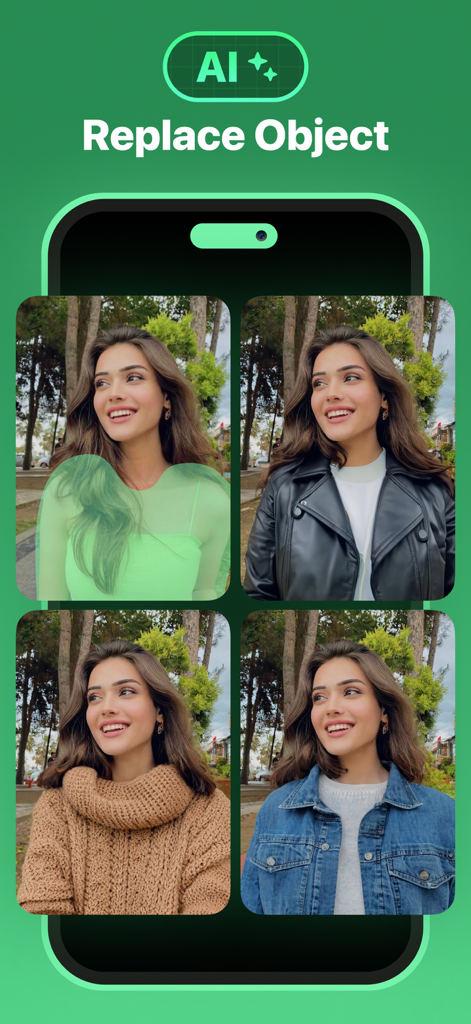 Mobile app screen showing AI generative fill feature to change a person's outfit in a photo