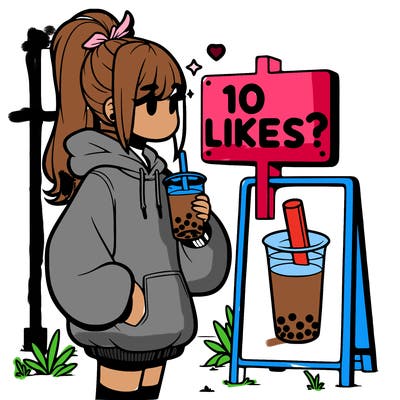 girl with oversized hoodie drinking boba and she has a high ponytail with a sign that says 10likes?