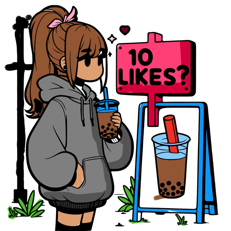 girl with oversized hoodie drinking boba and she has a high ponytail with a sign that says 10likes?