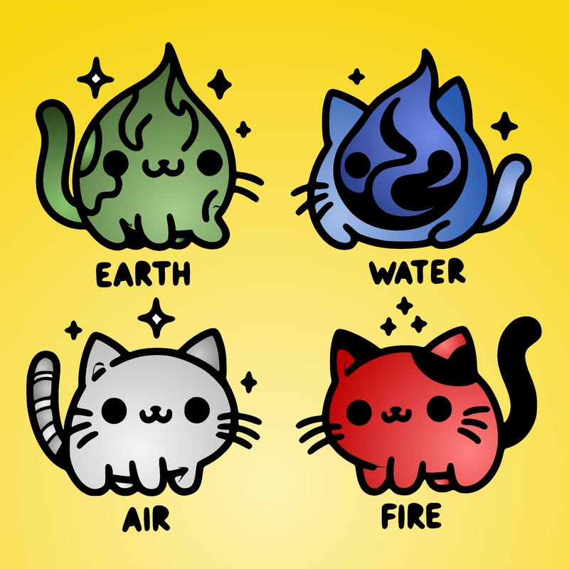 4 cats that represent the different elements, earth, water, air, and fire