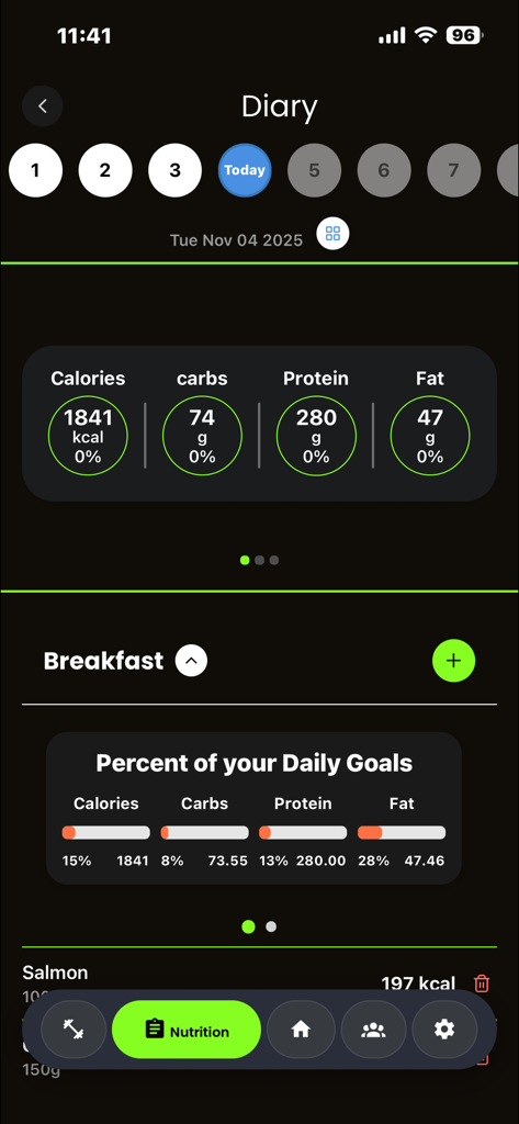 Fit-Rack - Fit-Rack app nutrition diary screen displaying daily calories and macronutrients tracking