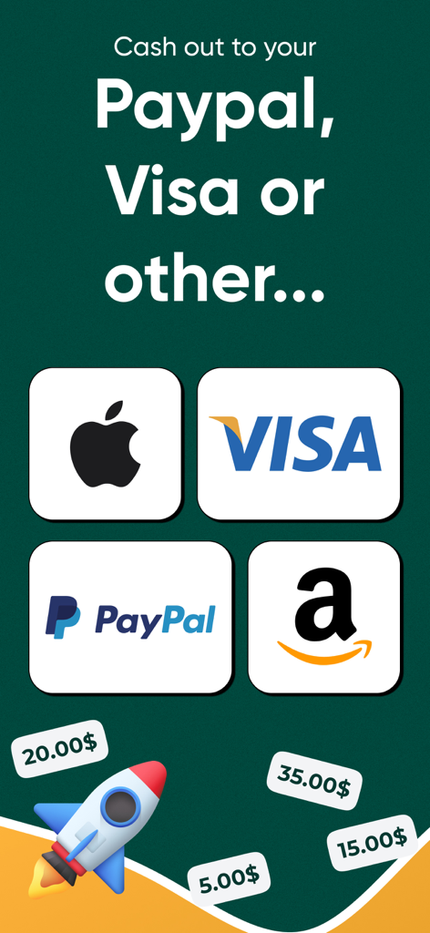 TopSurveys: Earn Free Cash Now - Schermata dell'app TopSurveys che mostra opzioni di pagamento come PayPal, Visa e Amazon per prelievi istantanei.