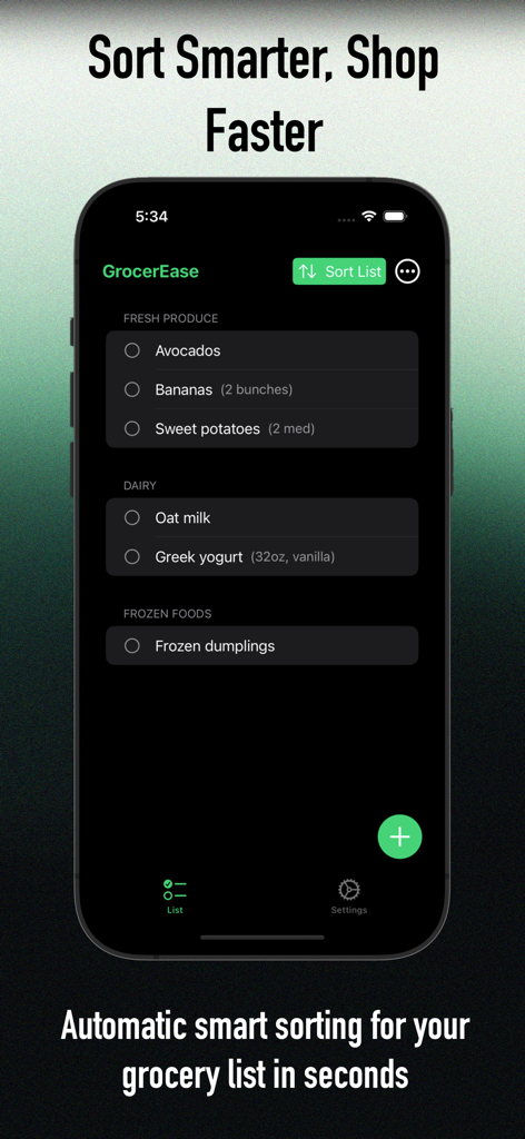 GrocerEase: Shopping Assistant - Aplicación GrocerEase que muestra una lista de compras organizada automáticamente en categorías como frutas y verduras, lácteos y congelados