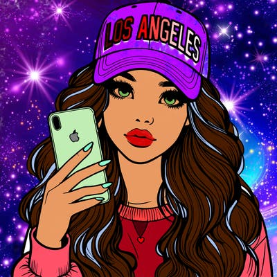 realistic beautiful girl wearing los ángeles cap holding an iphone