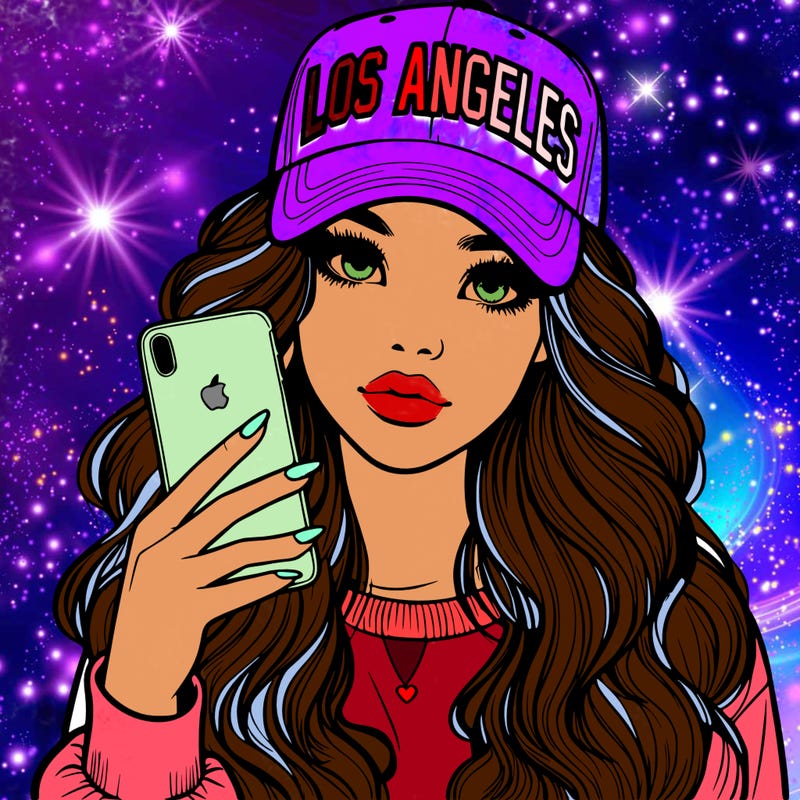 realistic beautiful girl wearing los ángeles cap holding an iphone