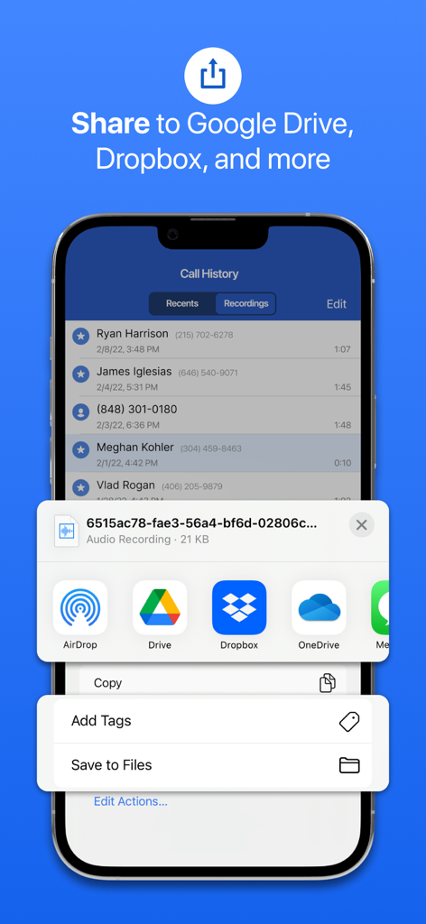 SpoofCard - Privacy Protected - Interface of SpoofCard app showing how to share call recordings to Google Drive and Dropbox