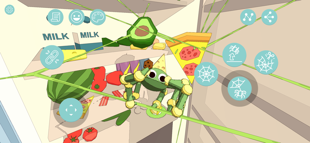 Un adorabile ragno soffice con un cappellino da festa che tiene un biscotto all'interno di un frigorifero pieno di cibo.