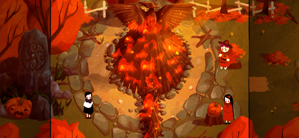 A handcrafted watercolor autumn environment in Paper Trail NETFLIX featuring a glowing bird statue and cozy characters.