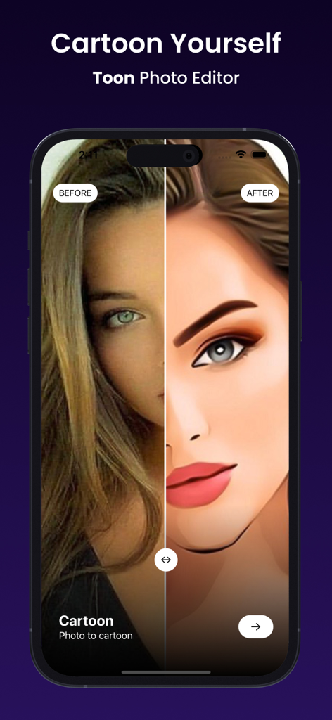 Ai Photo Retouch -Video Editor - Confronto prima e dopo di una foto trasformata in stile cartone animato utilizzando la funzione di fotoritocco toon.