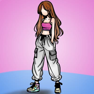 girl in baggy pants crop top and long hair