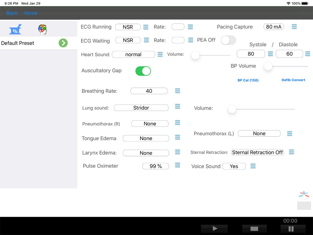 STAT BABY ADVANCED - Tela de controle do instrutor para simulação médica pediátrica mostrando configurações cardíacas e pulmonares