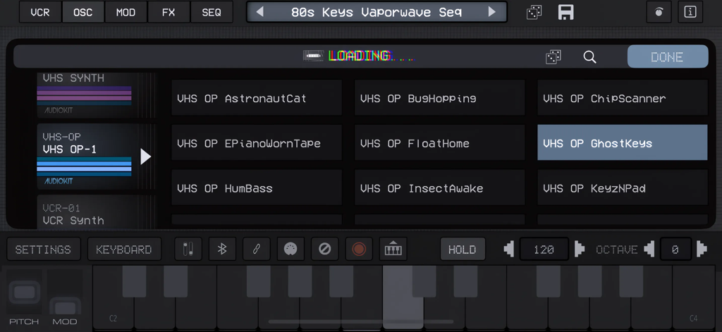 Instrument selection screen in the King of VHS VCR Synth app showing a menu of lo-fi multi-sampled presets.