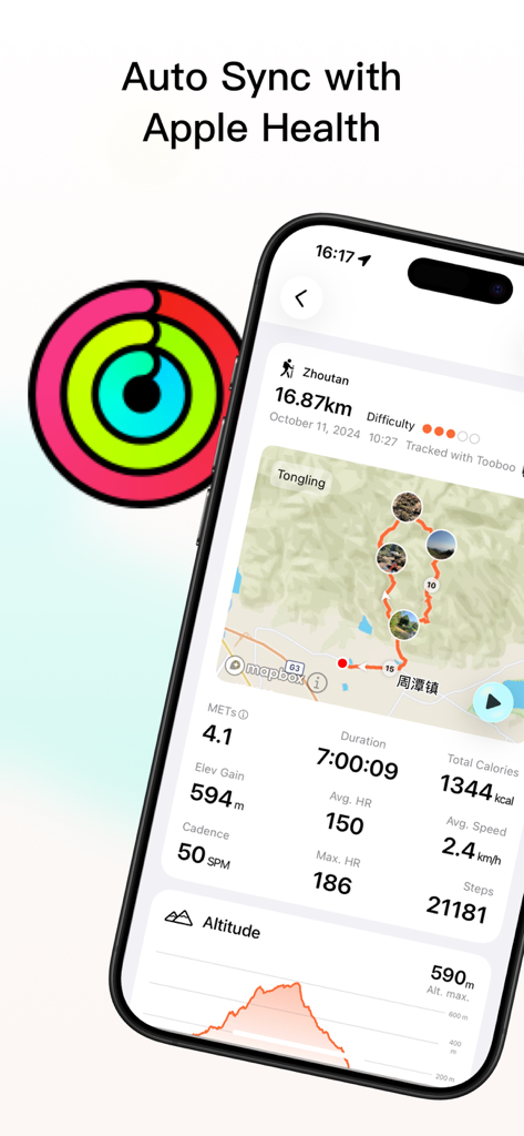 Tooboo - Hiking Trail Guides - Tooboo hiking app showing workout statistics and Apple Health integration
