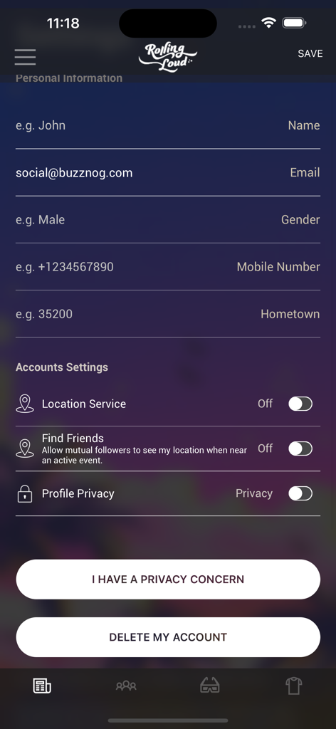 Rolling Loudアプリのプロフィールおよびアカウント設定画面