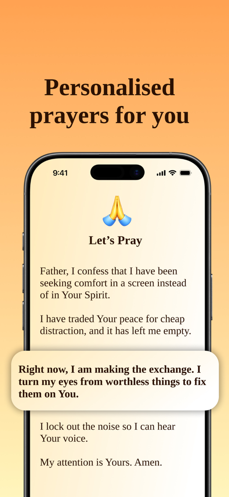 A smartphone screen showing a personalized prayer within the Bible Pause app to help users focus on faith over screen time.