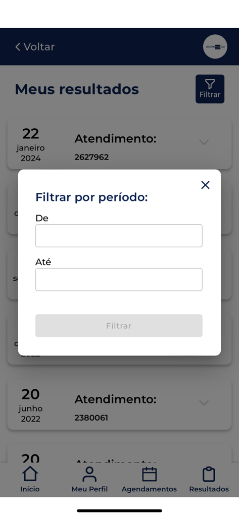 Centro Médico Sorocaba - Uma janela pop-up de filtro de data dentro da tela de resultados médicos do aplicativo móvel Centro Médico Sorocaba
