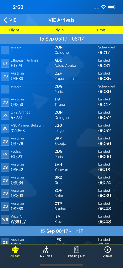 Ein mobiler Bildschirm, der die Live-Ankunftstafel des Flughafens Wien mit Flugnummern und Status anzeigt.
