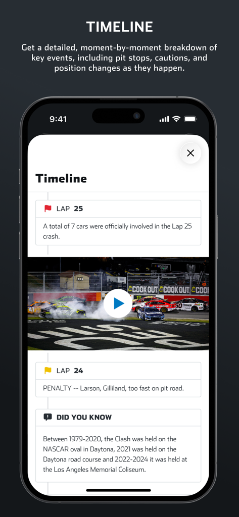 NASCAR MOBILE - NASCAR Mobile app timeline interface showing lap by lap race updates and event highlights