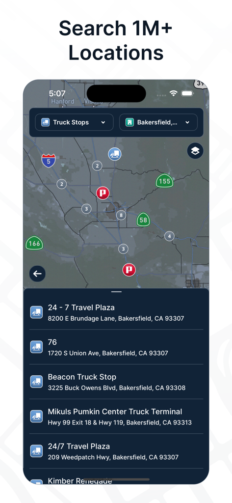 TruckMapモバイルアプリ。トラックストップやトラベルプラザの検索結果の地図とリストを表示。