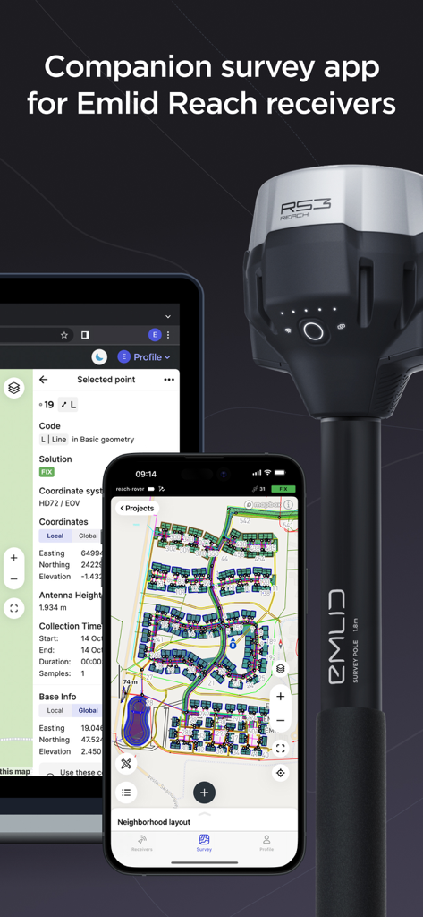Interface do aplicativo de levantamento Emlid Flow em smartphone e tablet com receptor Reach RS3