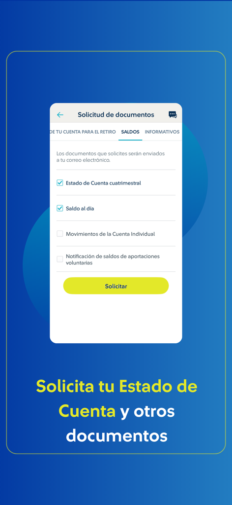 Interface of the Afore SURA app for requesting account statements and other financial documents.