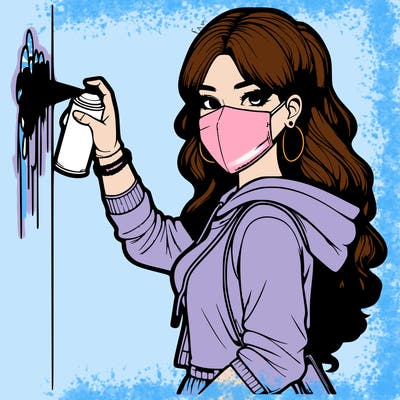 realistic girl with mask spray painting a wall