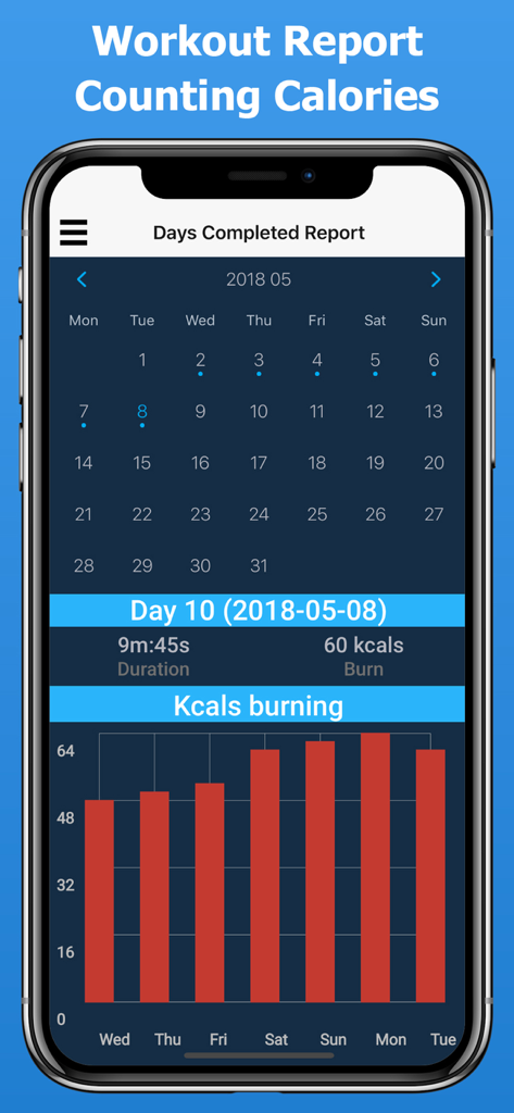 Legs workout app screen showing a progress calendar and daily calorie burn chart