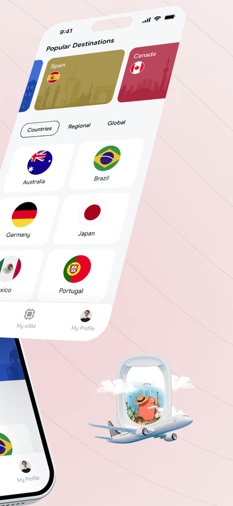 sim365 - Screenshot of the sim365 app menu showing international travel destinations for eSIM activation.