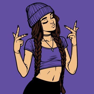 realistic teenage girl with braids and a beanie and crop top doing 🫶🏼