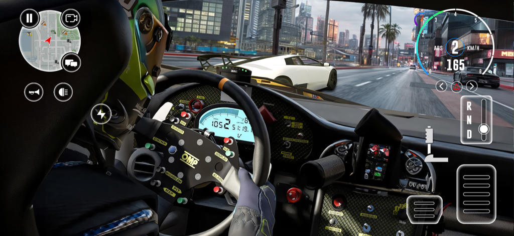 Car Driving City 3D Simulator - Vista de cabina en primera persona del interior detallado de un auto de carreras mientras conduce por una calle de ciudad en 3D