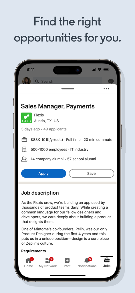 LinkedIn mobile app screenshot showing a detailed job posting for a Sales Manager position in Austin with an apply button.