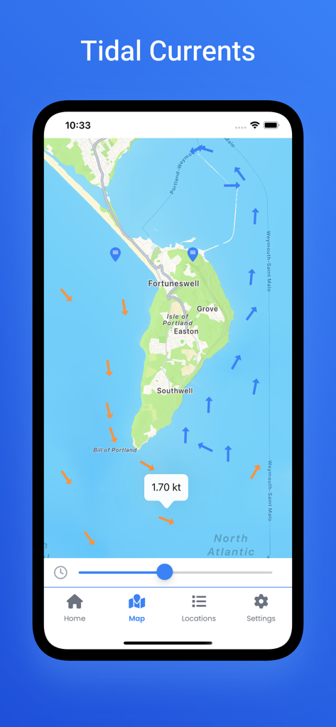 Just Tides: Tide Times - Interactive map displaying tidal currents and speeds for the Isle of Portland.