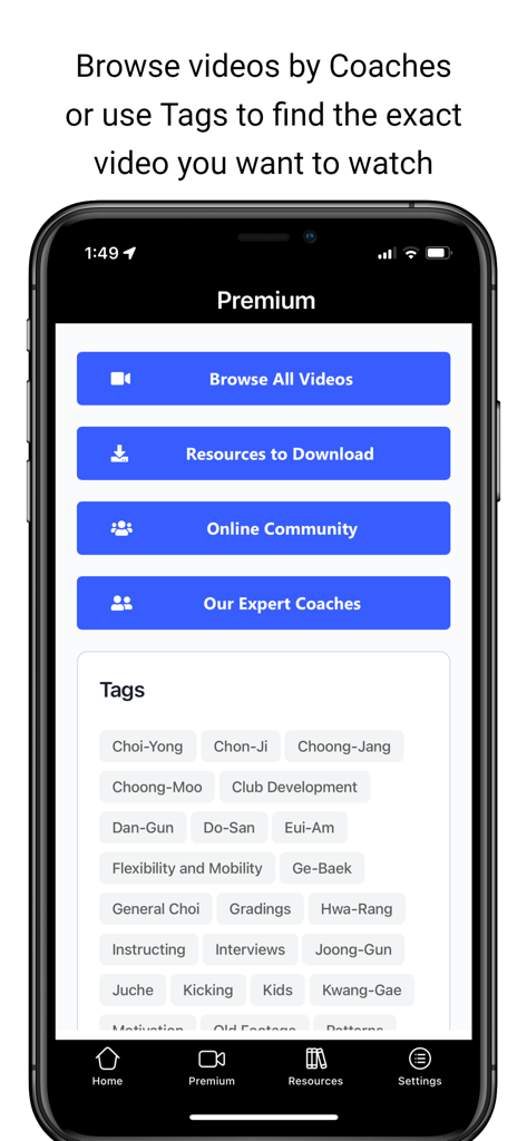 Section premium de l'application TKD Coaching avec navigation vidéo et étiquettes de poomse Taekwon-Do