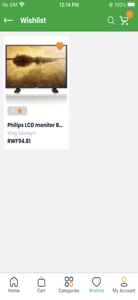 Next - Online Shopping App - Wishlist screen of Next Online Shopping App displaying a Philips LCD monitor.