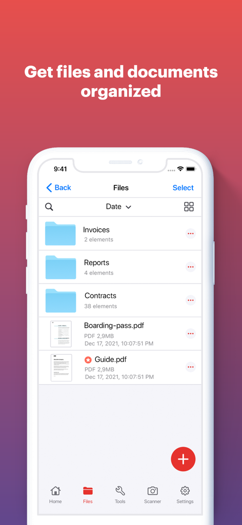 iLovePDF - PDF Editor & Scan - iLovePDF app screen showing organized document folders and PDF files on a mobile phone interface